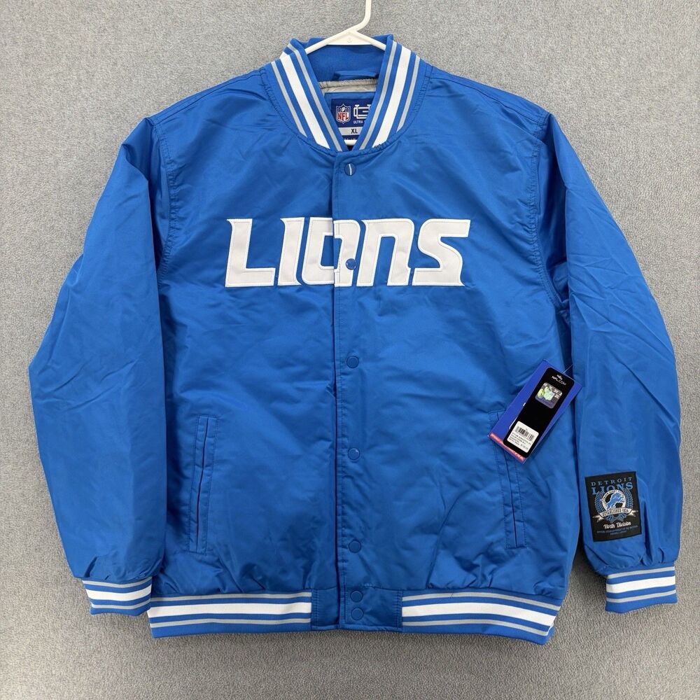 NWT Detroit Lions Embroidered Satin Varsity Bomber Jacket Blue NFL Mens XL